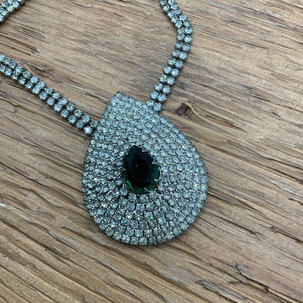 Celebrity NY Vintage Glass Green Stone Teardrop Crystal Necklace Brooch